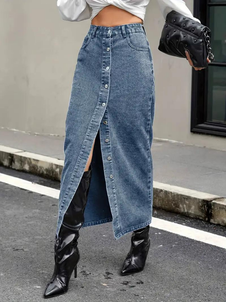 WW | Jeansrock, Button Down, dehnbar, langer Jeansrock, Maxirock