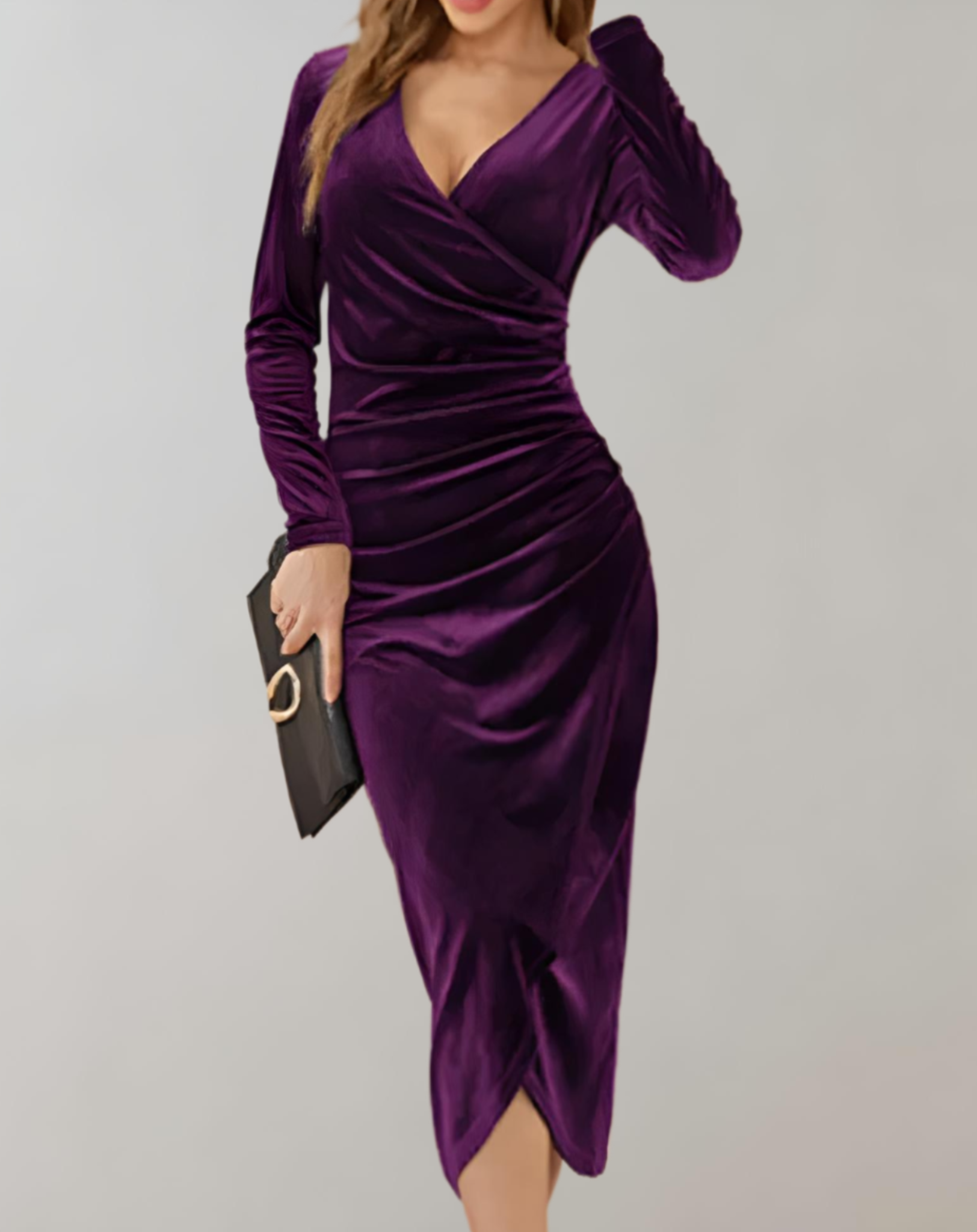 WW | Wickelkleid aus Samt mit langen Ärmeln und Rüschen