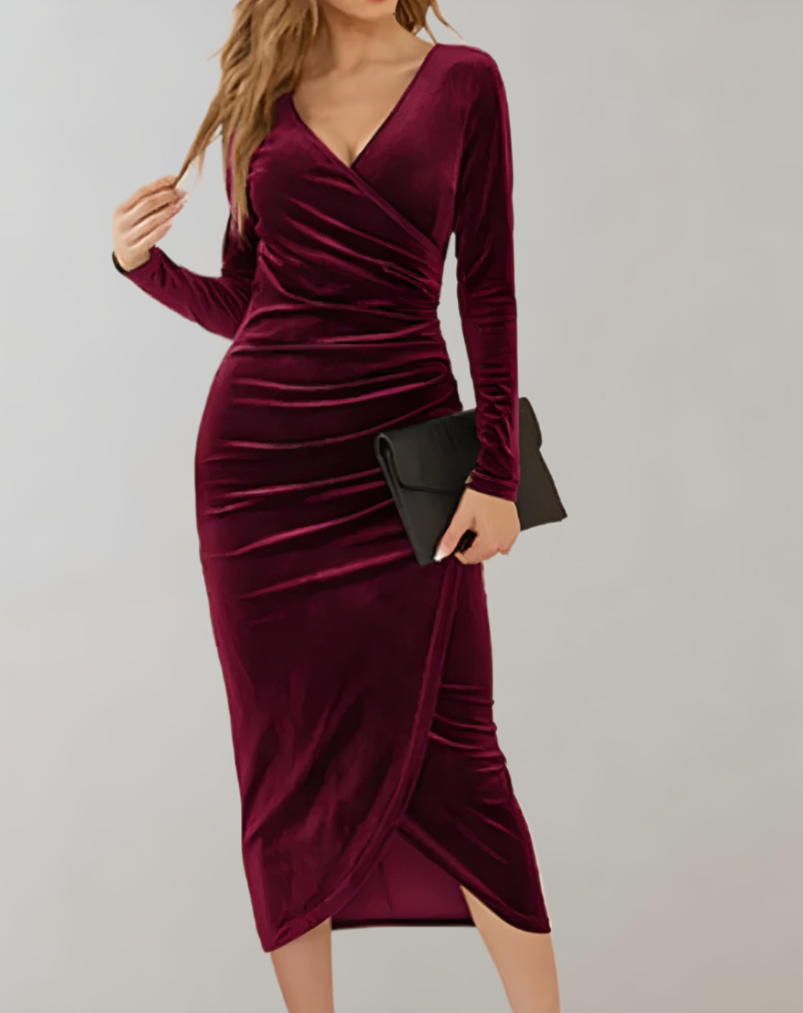 WW | Wickelkleid aus Samt mit langen Ärmeln und Rüschen