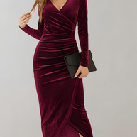 WW | Wickelkleid aus Samt mit langen Ärmeln und Rüschen