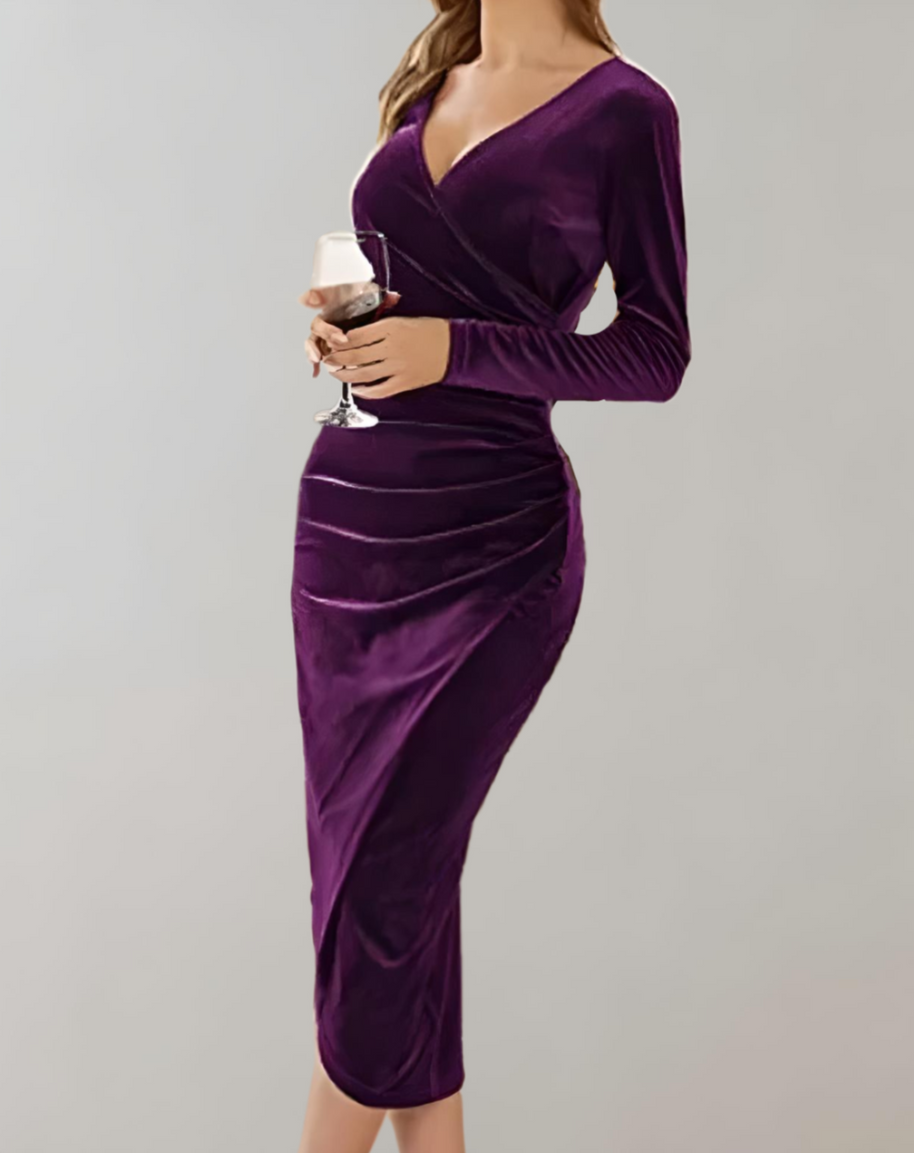 WW | Wickelkleid aus Samt mit langen Ärmeln und Rüschen