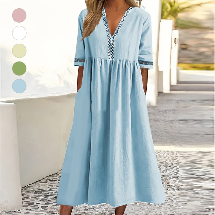 W&W Mode | Lässiges, lockeres Sommerkleid aus Baumwolle und Leinen mit V-Ausschnitt und kurzen Ärmeln