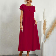 WW | lockeres Rundhals-Sommer-Midikleid aus Baumwolle und Leinen