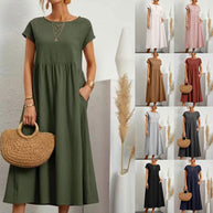 WW | lockeres Rundhals-Sommer-Midikleid aus Baumwolle und Leinen