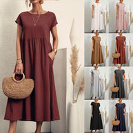 WW | lockeres Rundhals-Sommer-Midikleid aus Baumwolle und Leinen