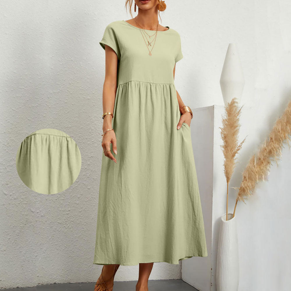 W&W Mode | lockeres Rundhals-Sommer-Midikleid aus Baumwolle und Leinen