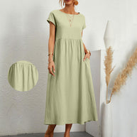 WW | lockeres Rundhals-Sommer-Midikleid aus Baumwolle und Leinen