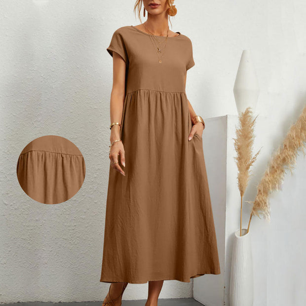 WW | lockeres Rundhals-Sommer-Midikleid aus Baumwolle und Leinen