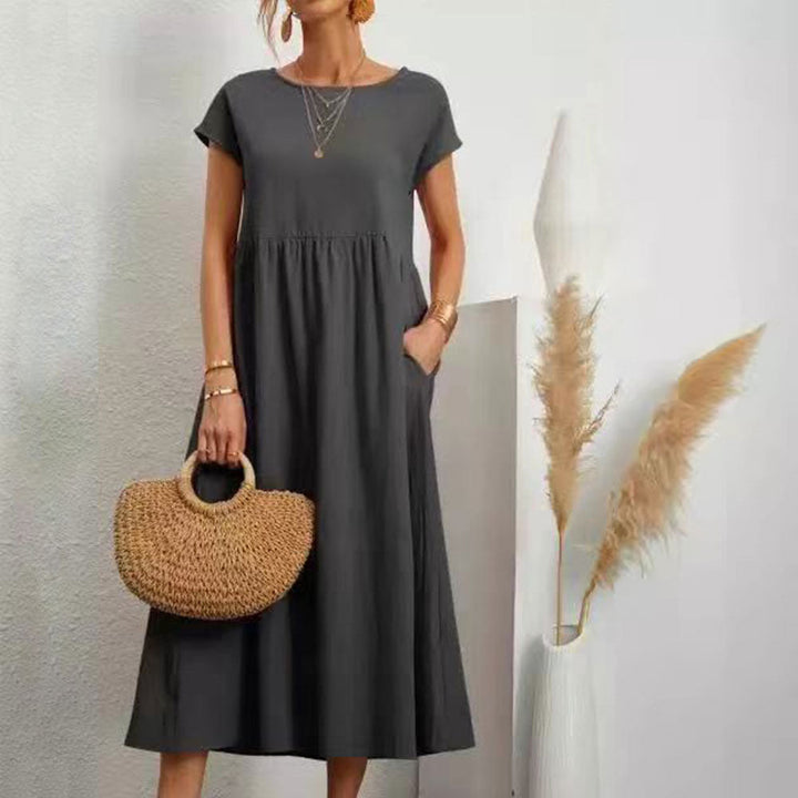 W&W Mode | lockeres Rundhals-Sommer-Midikleid aus Baumwolle und Leinen