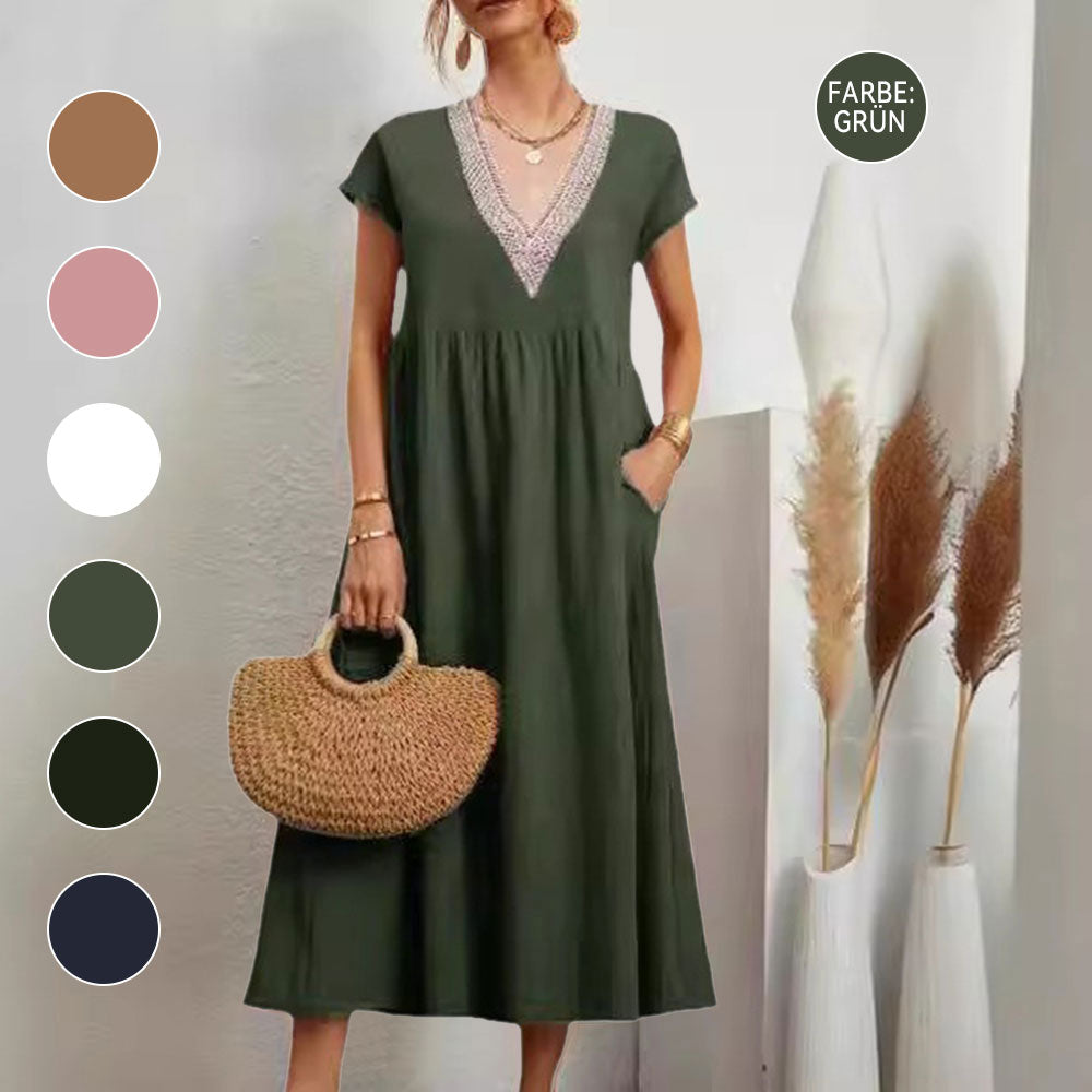 W&W Mode | Kleid mit V-Ausschnitt und Spitzensaum aus Baumwolle und Leinen in Unifarbe