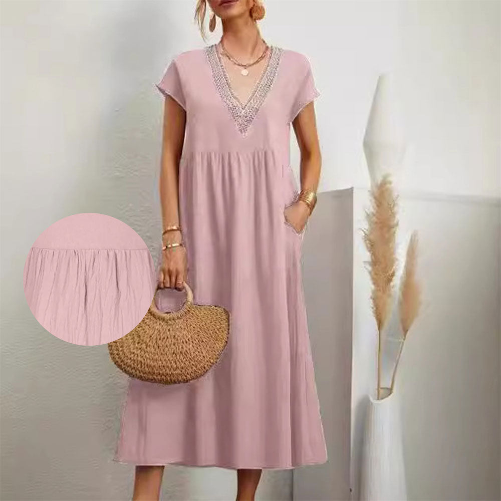 W&W Mode | Kleid mit V-Ausschnitt und Spitzensaum aus Baumwolle und Leinen in Unifarbe