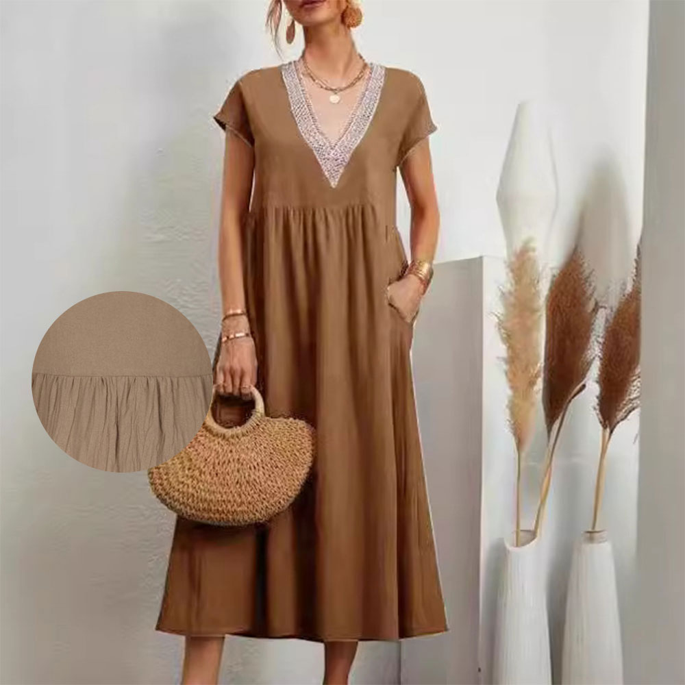 W&W Mode | Kleid mit V-Ausschnitt und Spitzensaum aus Baumwolle und Leinen in Unifarbe