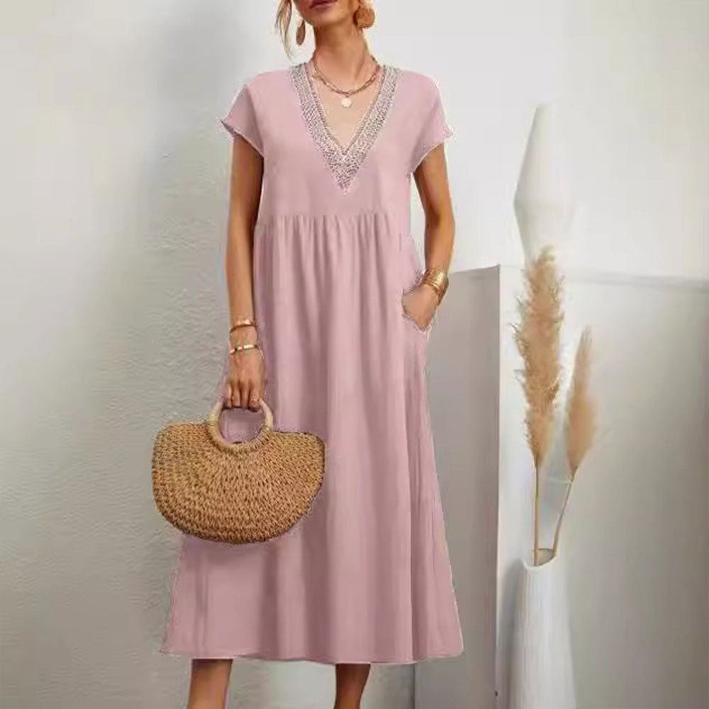 W&W Mode | Kleid mit V-Ausschnitt und Spitzensaum aus Baumwolle und Leinen in Unifarbe