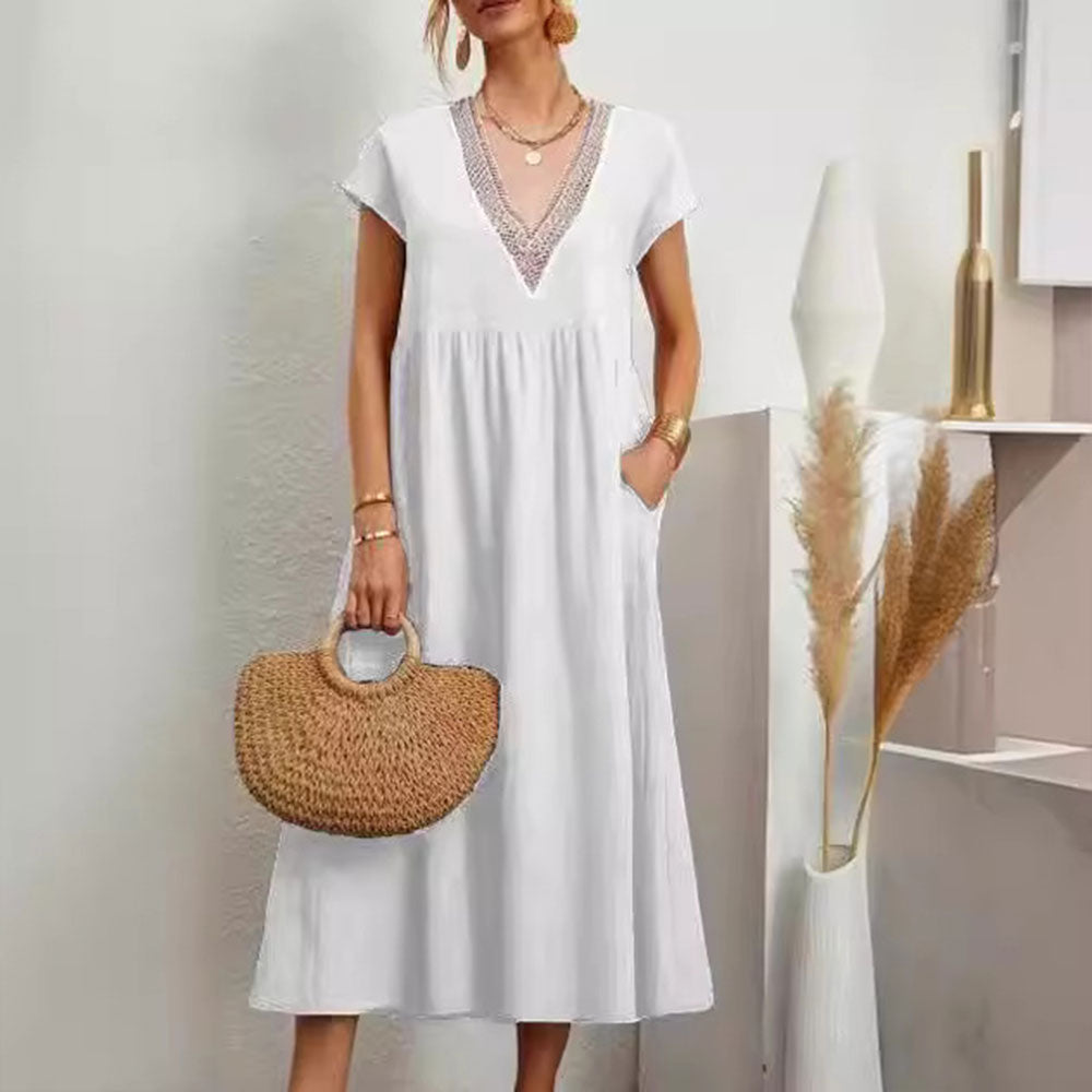 W&W Mode | Kleid mit V-Ausschnitt und Spitzensaum aus Baumwolle und Leinen in Unifarbe