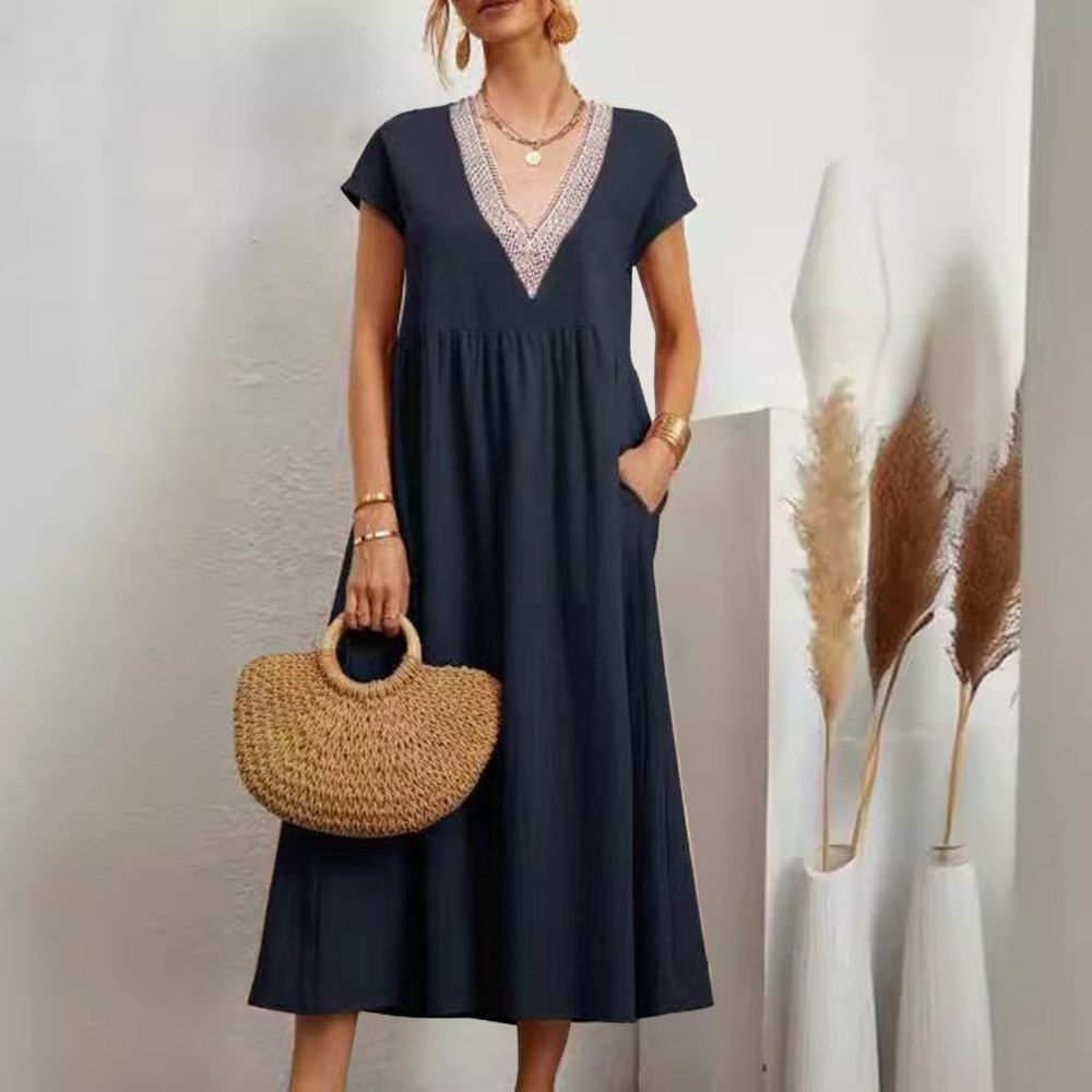 W&W Mode | Kleid mit V-Ausschnitt und Spitzensaum aus Baumwolle und Leinen in Unifarbe