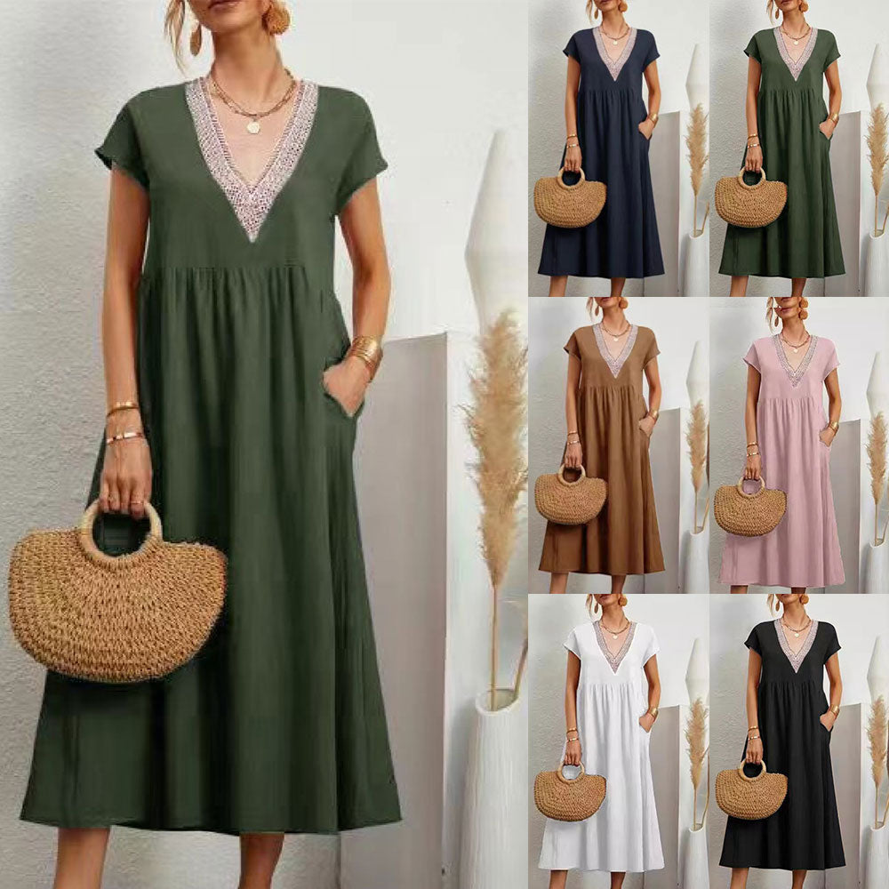 W&W Mode | Kleid mit V-Ausschnitt und Spitzensaum aus Baumwolle und Leinen in Unifarbe