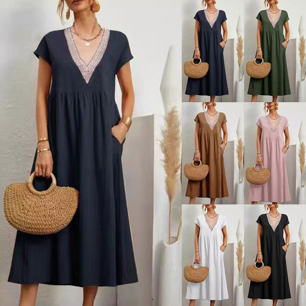 W&W Mode | Kleid mit V-Ausschnitt und Spitzensaum aus Baumwolle und Leinen in Unifarbe