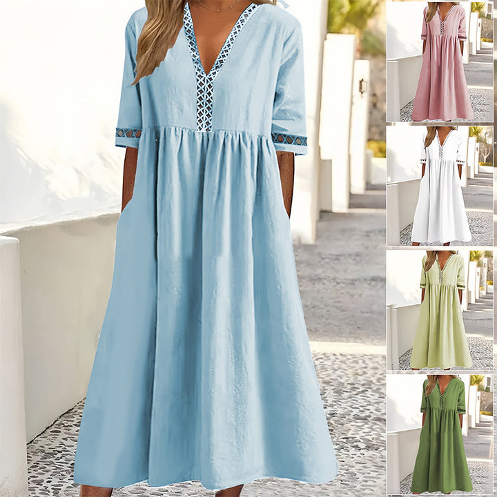 W&W Mode | Lässiges, lockeres Sommerkleid aus Baumwolle und Leinen mit V-Ausschnitt und kurzen Ärmeln