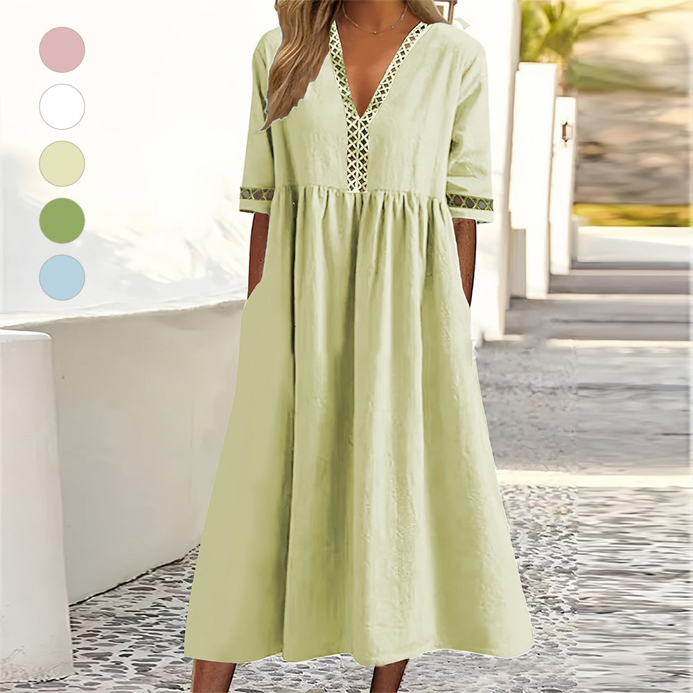 W&W Mode | Lässiges, lockeres Sommerkleid aus Baumwolle und Leinen mit V-Ausschnitt und kurzen Ärmeln