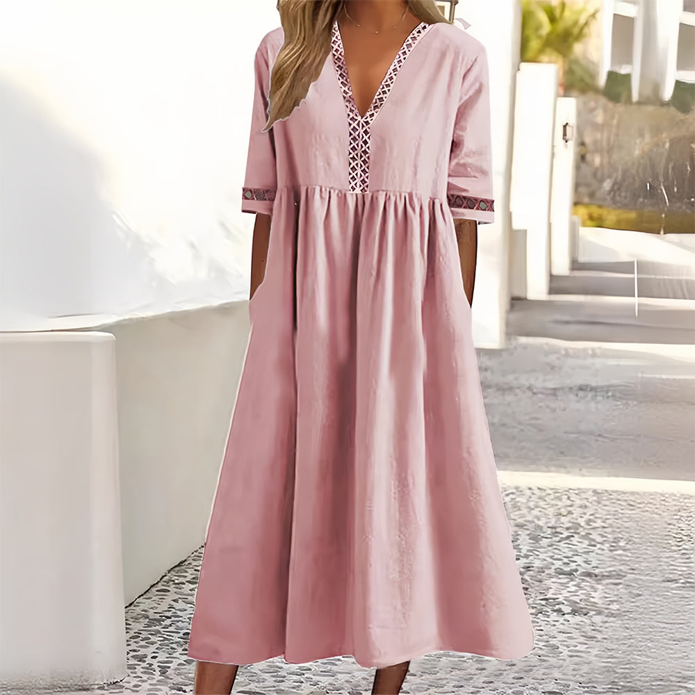W&W Mode | Lässiges, lockeres Sommerkleid aus Baumwolle und Leinen mit V-Ausschnitt und kurzen Ärmeln
