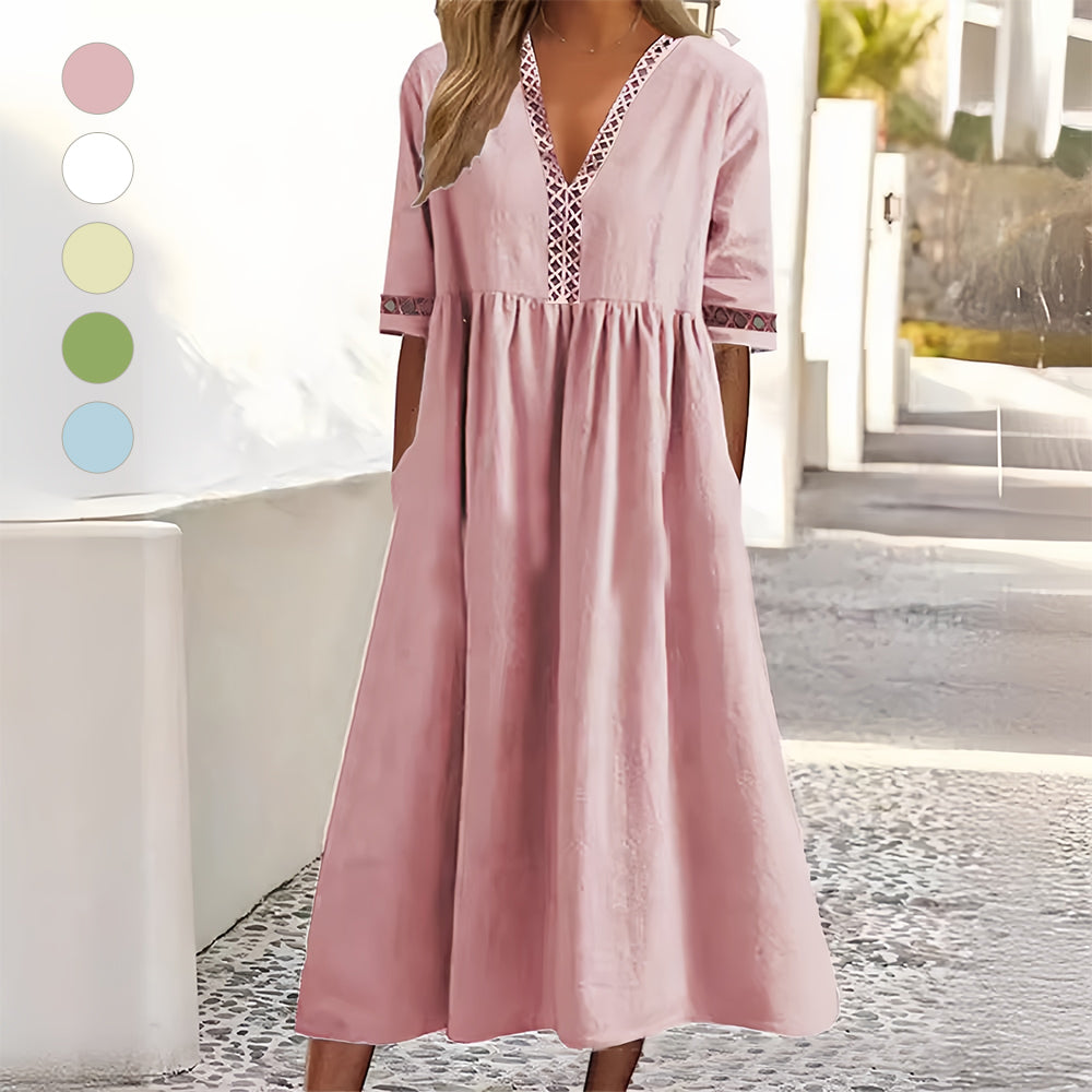 W&W Mode | Lässiges, lockeres Sommerkleid aus Baumwolle und Leinen mit V-Ausschnitt und kurzen Ärmeln