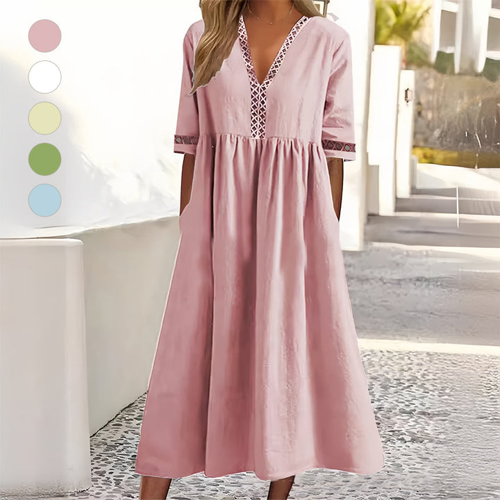 W&W Mode | Lässiges, lockeres Sommerkleid aus Baumwolle und Leinen mit V-Ausschnitt und kurzen Ärmeln