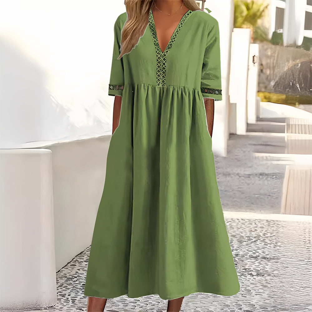 W&W Mode | Lässiges, lockeres Sommerkleid aus Baumwolle und Leinen mit V-Ausschnitt und kurzen Ärmeln