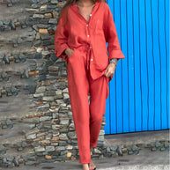 WW | Langarmhemd und Hose aus Baumwolle und Leinen für Damen