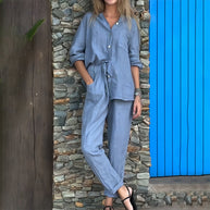 WW | Langarmhemd und Hose aus Baumwolle und Leinen für Damen