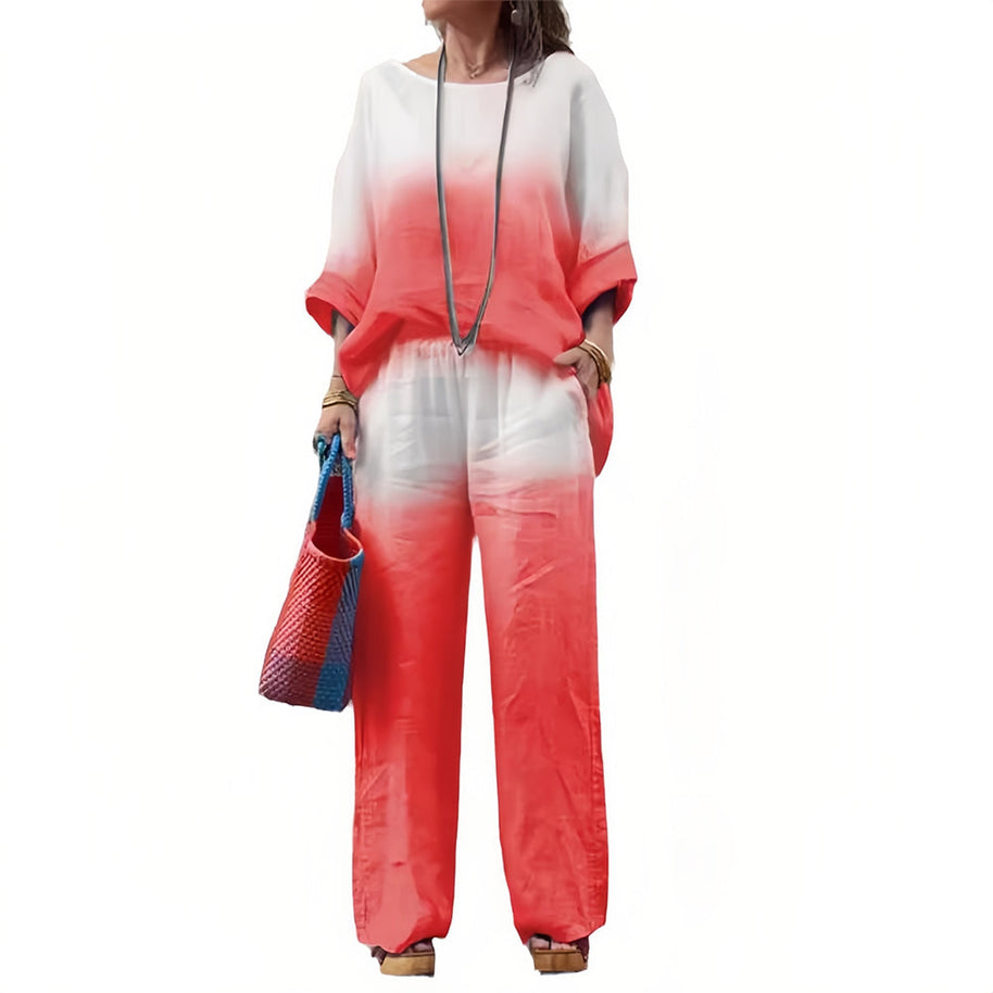 WW | T-Shirt + Hose aus Baumwolle und Leinen mit Farbverlauf und Rundhalsausschnitt für Damen