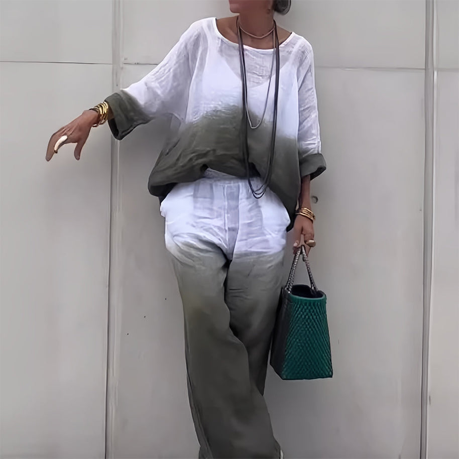 WW | T-Shirt + Hose aus Baumwolle und Leinen mit Farbverlauf und Rundhalsausschnitt für Damen