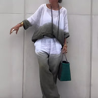 WW | T-Shirt + Hose aus Baumwolle und Leinen mit Farbverlauf und Rundhalsausschnitt für Damen