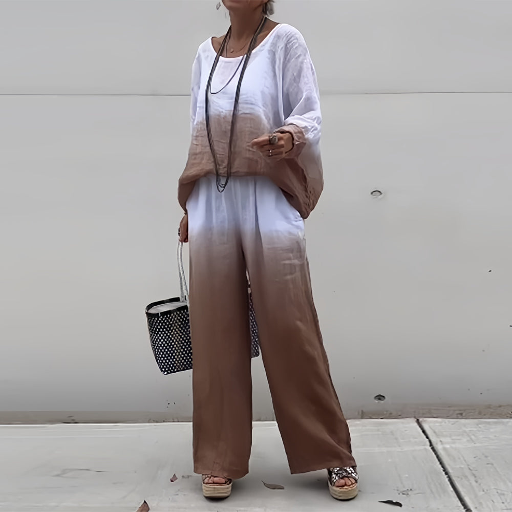 WW | T-Shirt + Hose aus Baumwolle und Leinen mit Farbverlauf und Rundhalsausschnitt für Damen