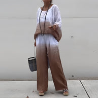 WW | T-Shirt + Hose aus Baumwolle und Leinen mit Farbverlauf und Rundhalsausschnitt für Damen