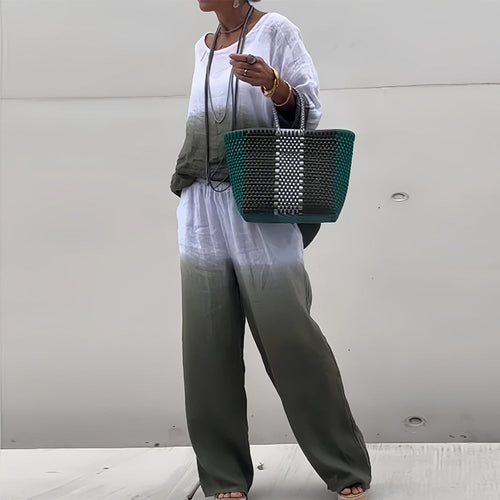 WW | T-Shirt + Hose aus Baumwolle und Leinen mit Farbverlauf und Rundhalsausschnitt für Damen