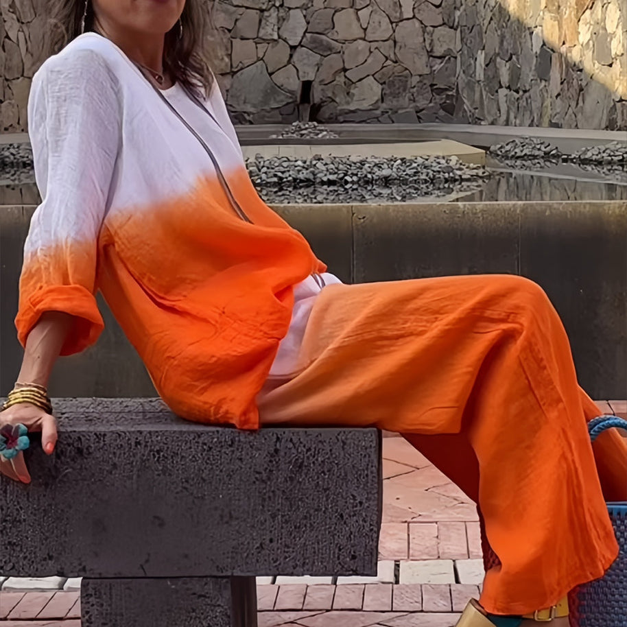 WW | T-Shirt + Hose aus Baumwolle und Leinen mit Farbverlauf und Rundhalsausschnitt für Damen