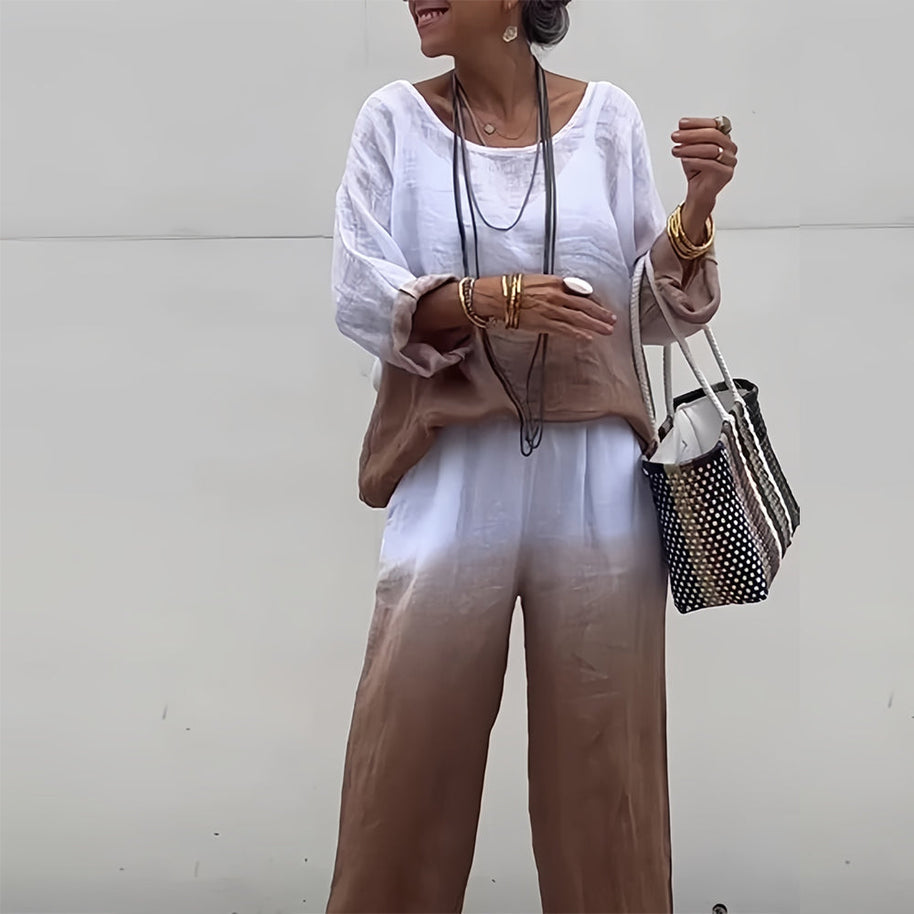 WW | T-Shirt + Hose aus Baumwolle und Leinen mit Farbverlauf und Rundhalsausschnitt für Damen