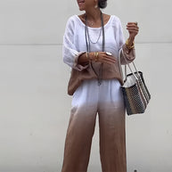 WW | T-Shirt + Hose aus Baumwolle und Leinen mit Farbverlauf und Rundhalsausschnitt für Damen