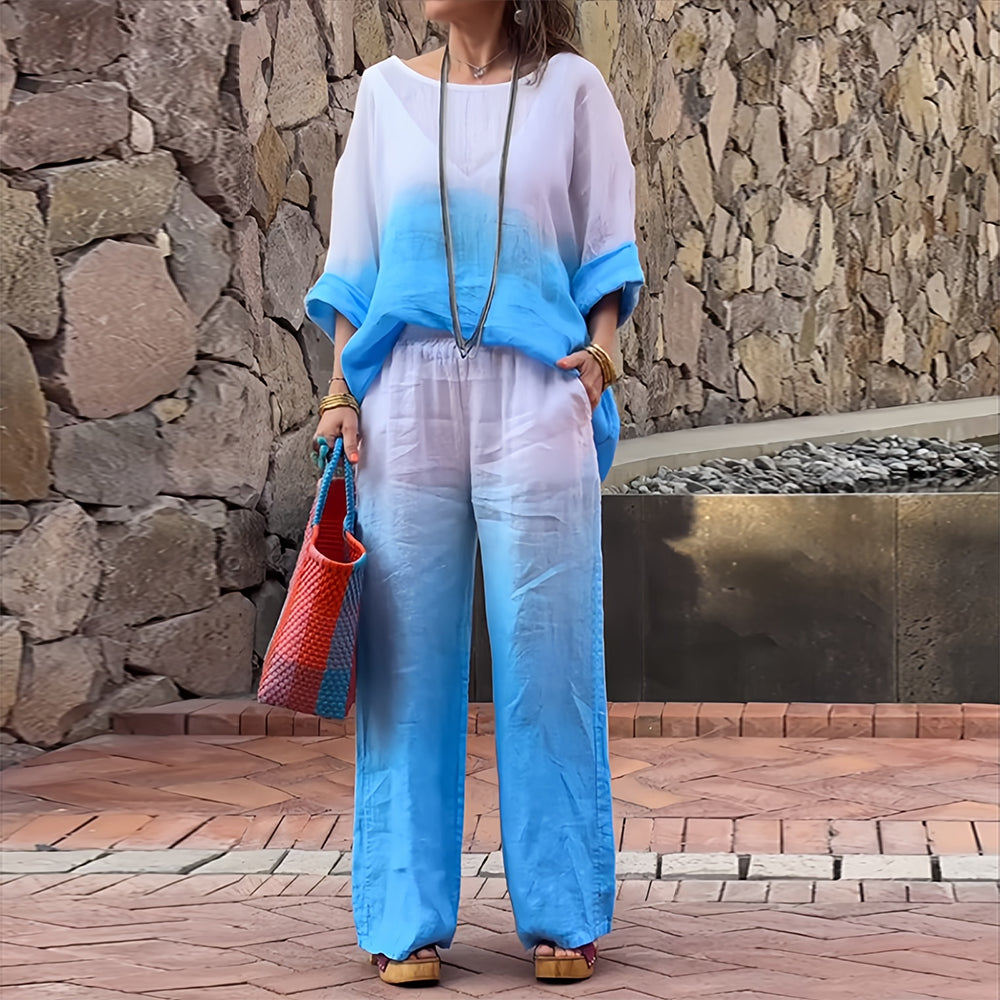 WW | T-Shirt + Hose aus Baumwolle und Leinen mit Farbverlauf und Rundhalsausschnitt für Damen