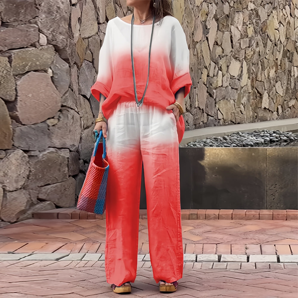 WW | T-Shirt + Hose aus Baumwolle und Leinen mit Farbverlauf und Rundhalsausschnitt für Damen