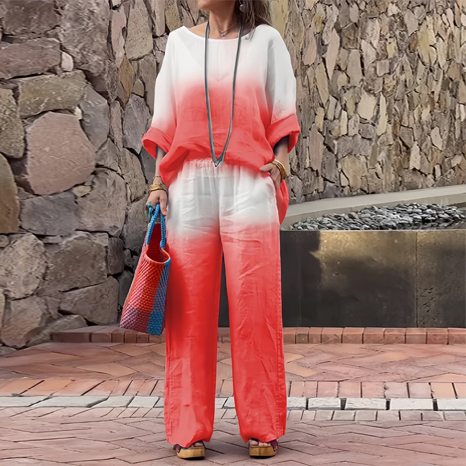 WW | T-Shirt + Hose aus Baumwolle und Leinen mit Farbverlauf und Rundhalsausschnitt für Damen