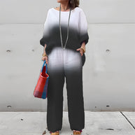 WW | T-Shirt + Hose aus Baumwolle und Leinen mit Farbverlauf und Rundhalsausschnitt für Damen