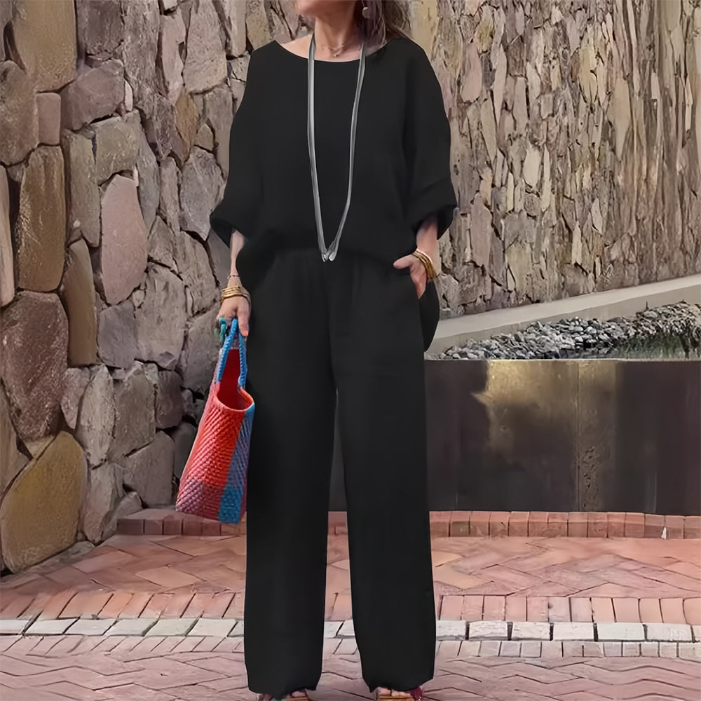 WW | T-Shirt + Hose aus Baumwolle und Leinen mit Farbverlauf und Rundhalsausschnitt für Damen