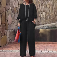 WW | T-Shirt + Hose aus Baumwolle und Leinen mit Farbverlauf und Rundhalsausschnitt für Damen