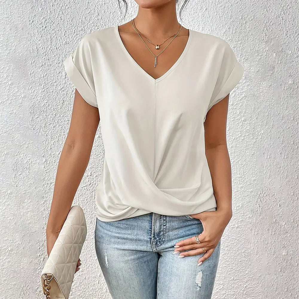 WW | Elegantes, einfarbiges T-Shirt mit V-Ausschnitt und gedrehtem Saum für Damen