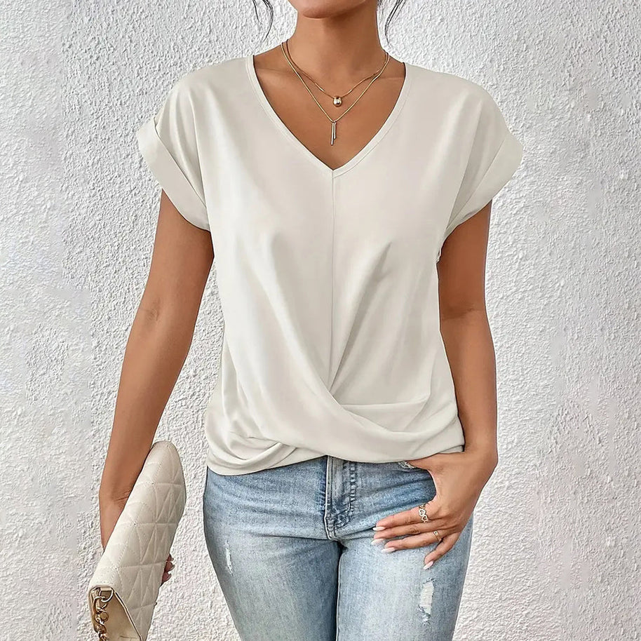 WW | Elegantes, einfarbiges T-Shirt mit V-Ausschnitt und gedrehtem Saum für Damen
