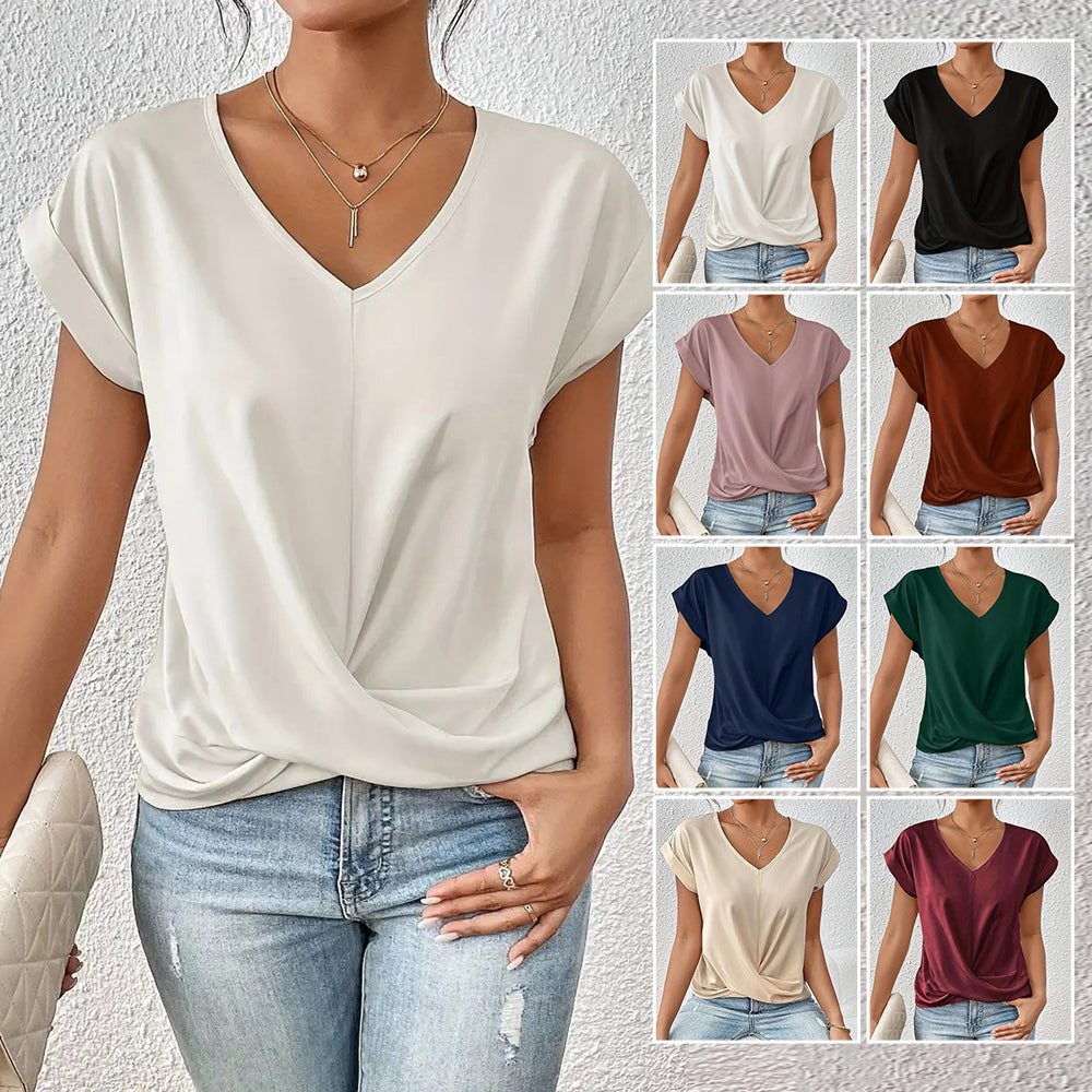 W&W Mode | Elegantes, einfarbiges T-Shirt mit V-Ausschnitt und gedrehtem Saum für Damen