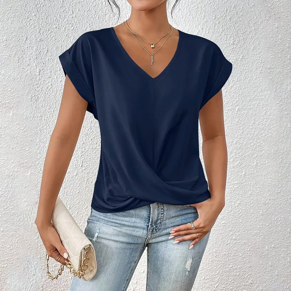 W&W Mode | Elegantes, einfarbiges T-Shirt mit V-Ausschnitt und gedrehtem Saum für Damen