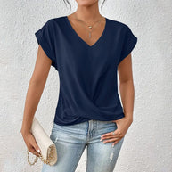 WW | Elegantes, einfarbiges T-Shirt mit V-Ausschnitt und gedrehtem Saum für Damen