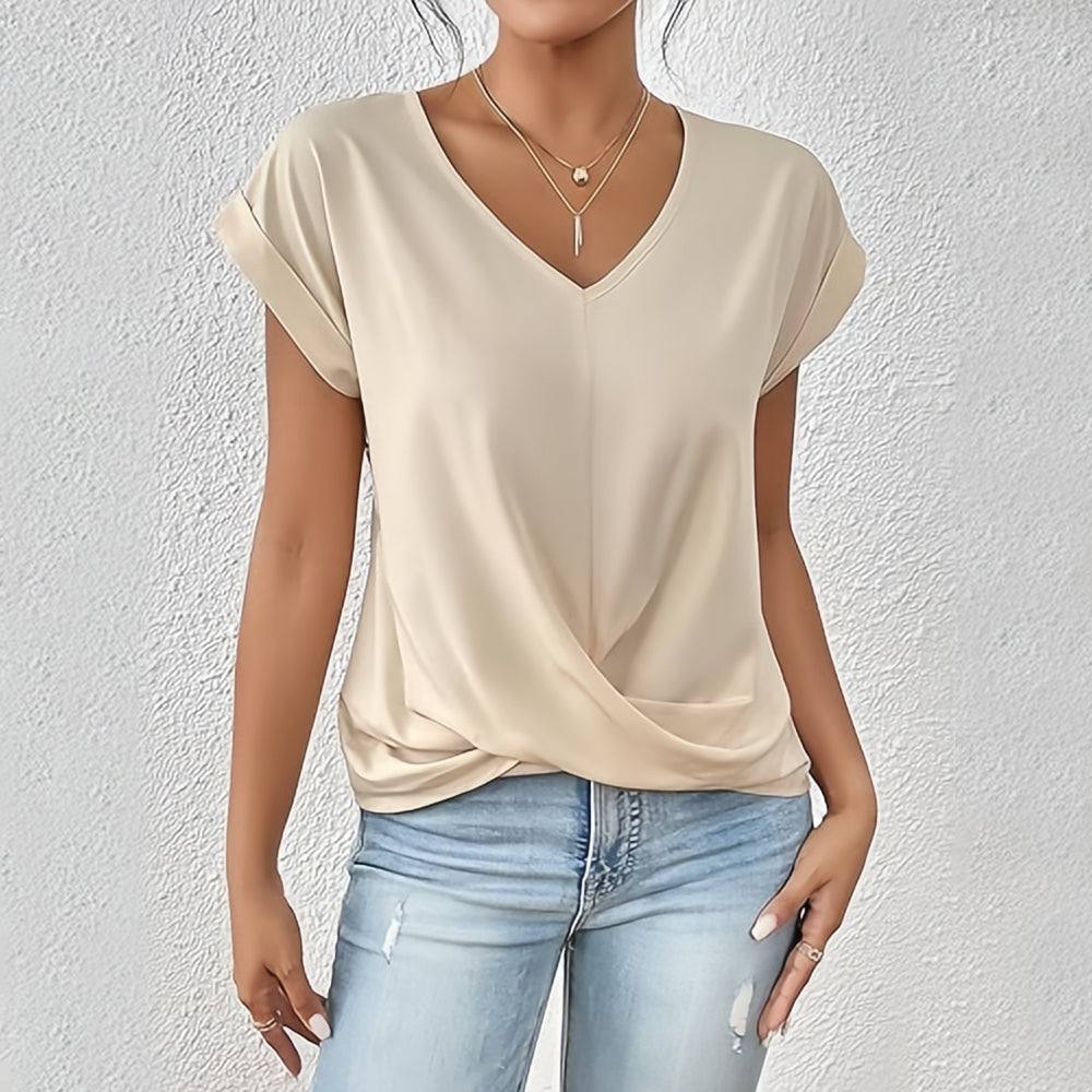 WW | Elegantes, einfarbiges T-Shirt mit V-Ausschnitt und gedrehtem Saum für Damen